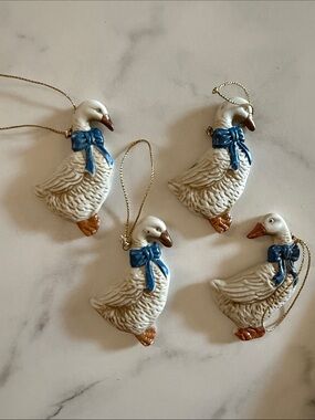 Vintage KCI Ceramic Goose Ornaments Set of 4 Blue Bow Made in Taiwan 1980s